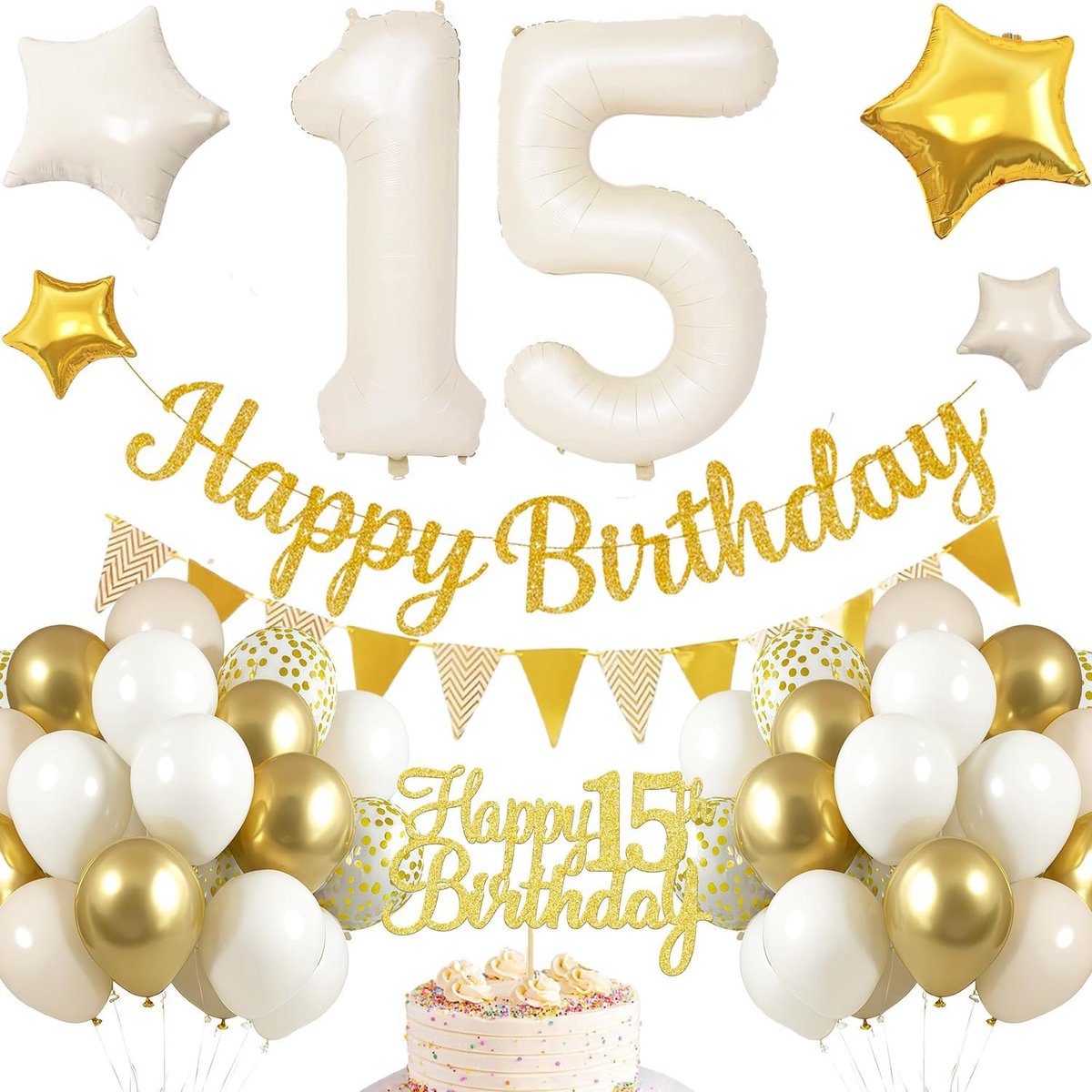 SnelShoppen - 15e Verjaardag Versiering Jongens & Meisjes - Ballonnen, Happy Birthday Banner, Gouden Vlaggen - Wit, Goud, 36 Latex Ballonnen - Feestde