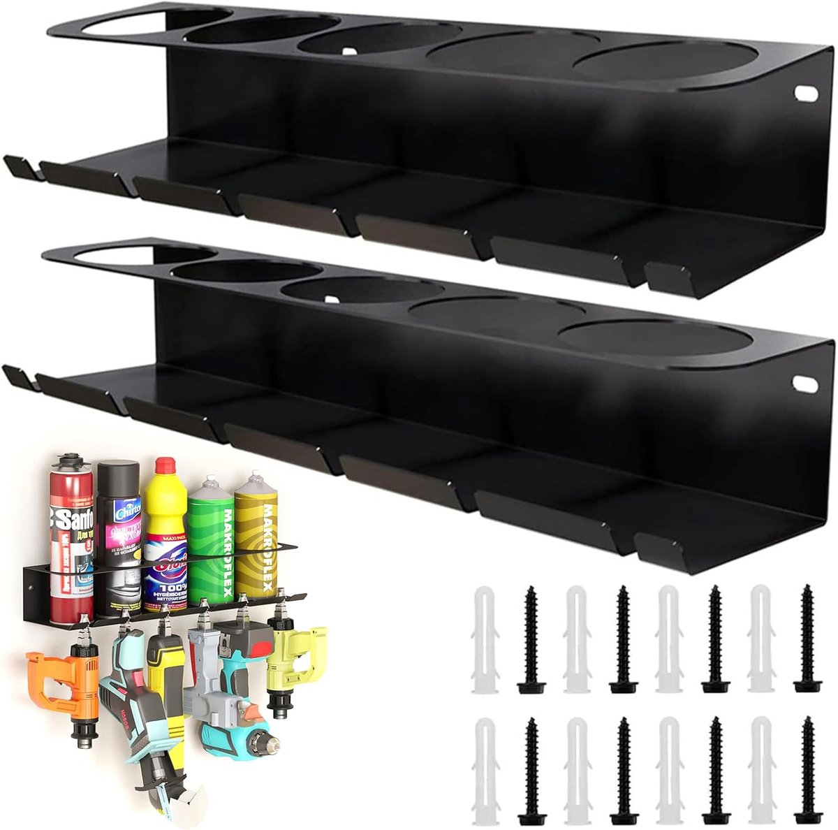 SnelShoppen - Box Holder en Aerosolhouder voor Garage en Werkplaats, Ruimte voor 5 Aerosols en 6 Gecomprimeerde Lucht, Set van 2, Ideaal voor Organisa