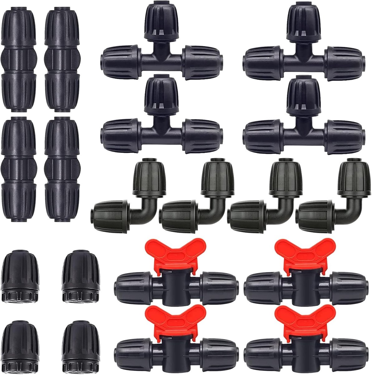 20-delige Irrigatie Fixtures Kit voor 1/2 Inch Druppelslangen - T-stukken, Koppelingen, Eindstukken, Hoekstukken en Schakelkleppen - Tuinirrigatie en Waterbesparing