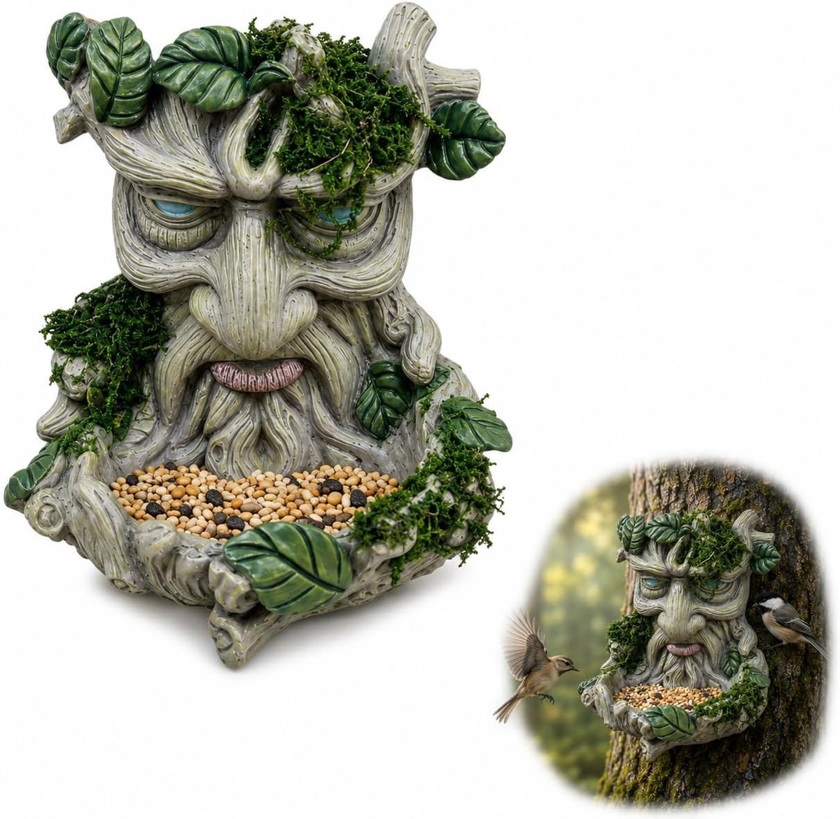 casalora Vogelvoederhuisje in boomgezicht-design – Decoratieve hars vogelvoeder voor tuin, boom en schutting – Wandmontage – 13 cm