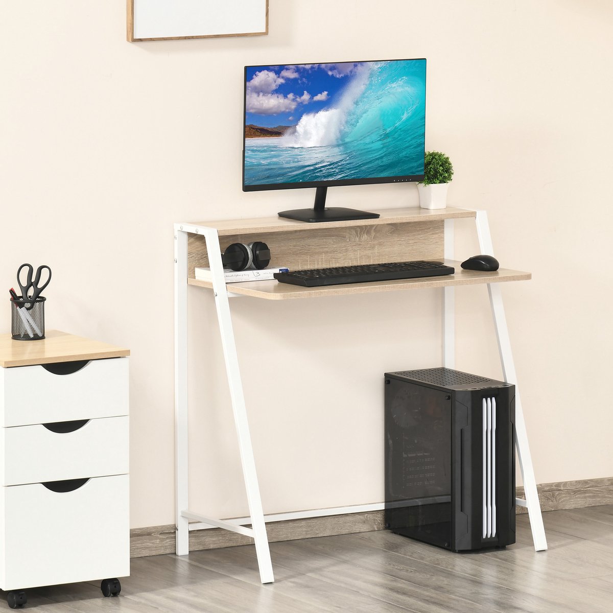 DESMIU Bureau Modern Computerbureau Met Opbergplank En Kabeldoorvoer 84 X 45 X 85 Cm MDF En Metaal Wit Voor Thuiswerk En Werkkamer