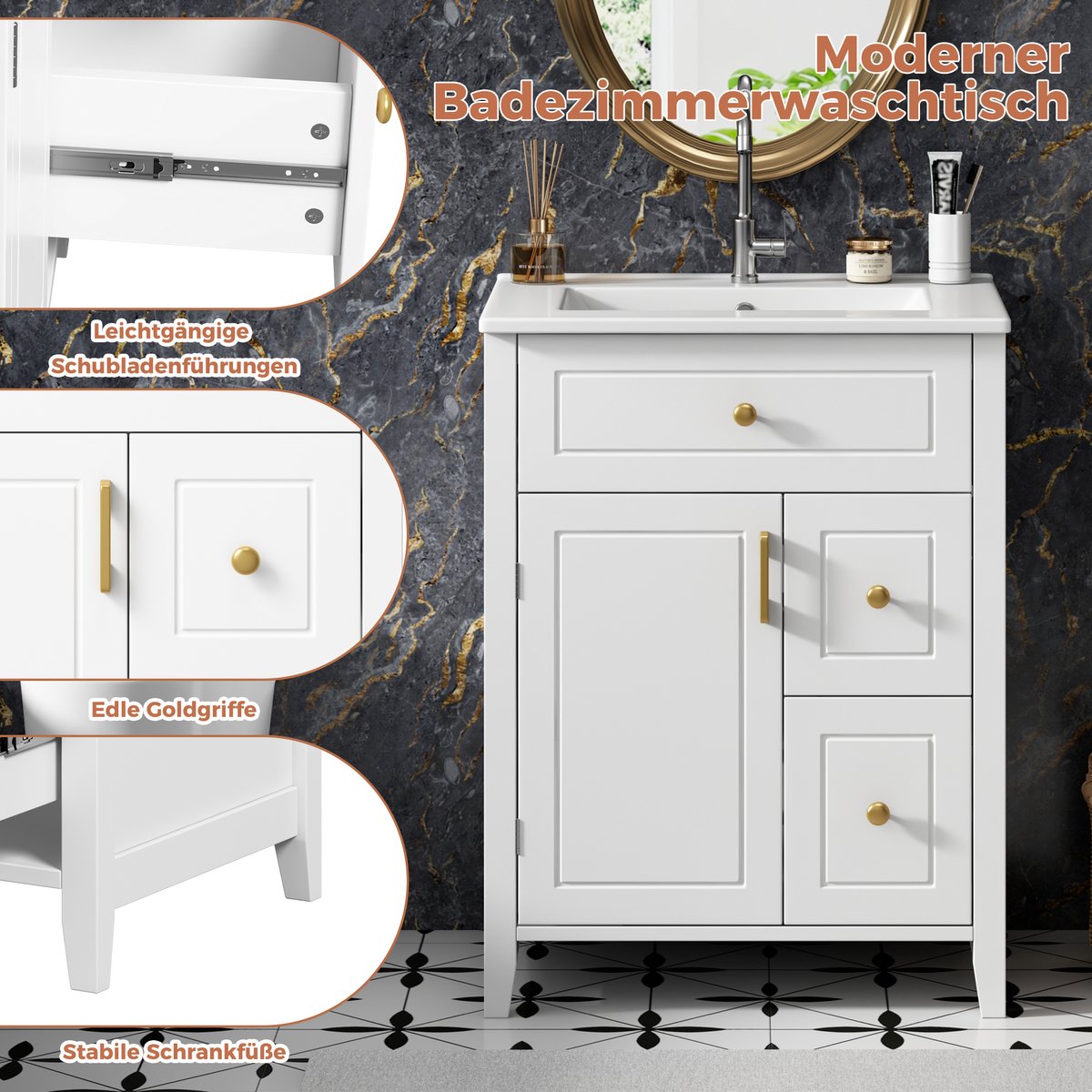 OKWISH Badkamermeubel - Vrijstaand - 61 Cm - Wit Hoogglans - Keramische Wastafel - Gouden Handgrepen - Soft-Close - Met Opbergruimte