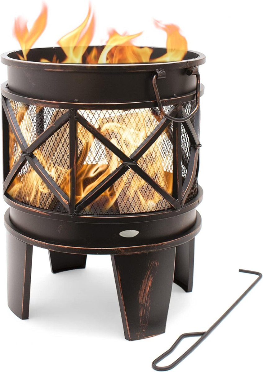 QUOVO® Vuurkorf Met Vonkenscherm - Vuurkorf - Vuurhaard - Terrashaard – Openhaard - BBQ - Vuurton - Vuurmand Op Voeten - Kachel – Buitenhaard – Zwart - 42cm x 42cm x 53cm