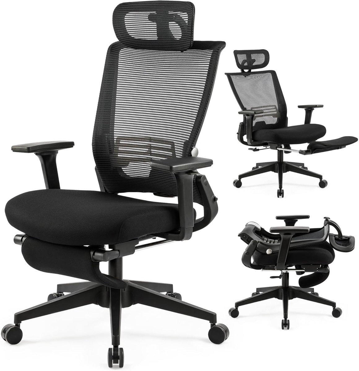 Ergonomische bureaustoel met voetensteun - inklapbaar - verstelbare rugleuning en hoofdsteun - 90°-128° verstelbaar - mesh - tot 150 kg - zwart