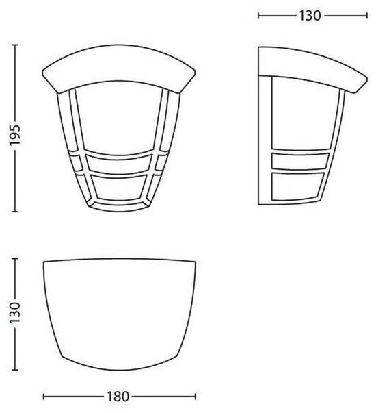 Technische tekening van een zwarte buitenwandlamp met afmetingen: hoogte 195mm, breedte 180mm, diepte 130mm.