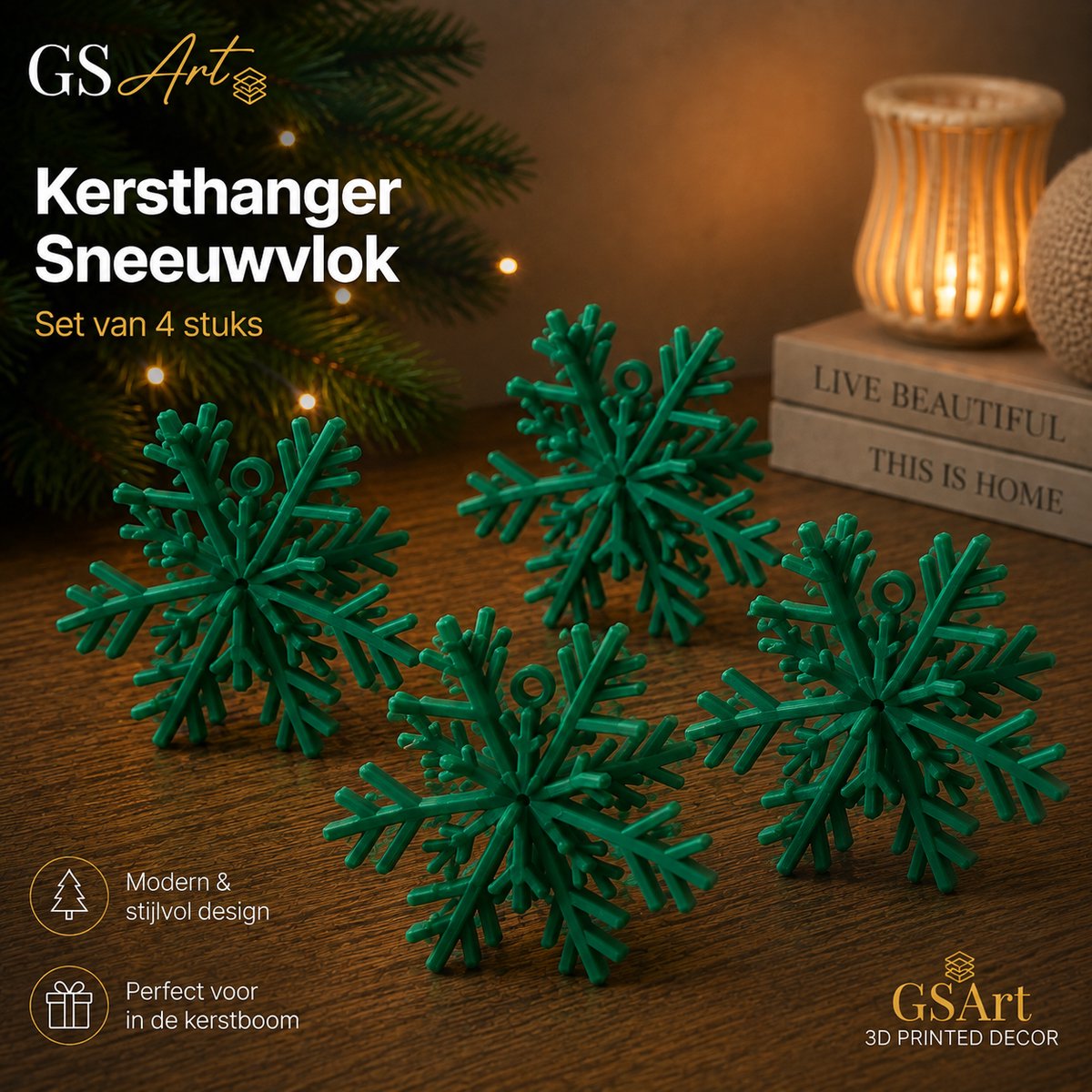 GSArt Kersthangers Sneeuwvlok – Set van 4 stuks - Maretak groen