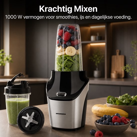 Heinner Sportblender - 1000W - 18.000 rpm - 0,45L & 1L Tritan Bekers - BPA-vrij - RVS Messen - Grinder - Pulse Functie - Zwart/Inox van Heinner — afbeelding 4