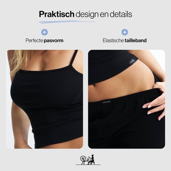 Links: close-up van het zwarte topje. Rechts: close-up van de tailleband met 'DORE & ROSE' logo.