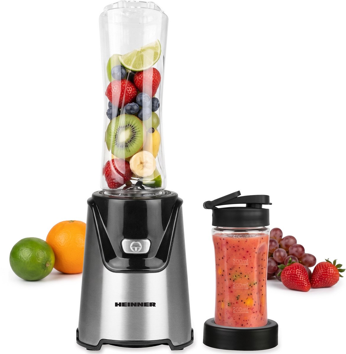 Heinner Sportblender – 400W – 19.000 rpm – 600 ml & 400 ml Tritan Bekers – BPA-vrij – 2 Ready-to-Go Deksels – RVS Messen – Inox Behuizing – Zwart/Inox