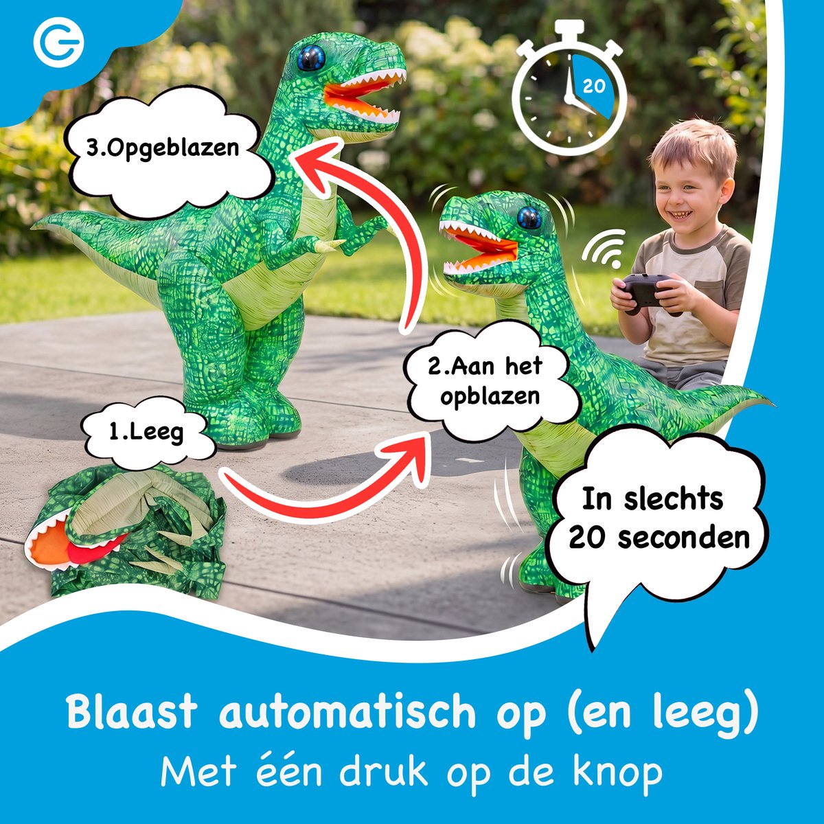 Silvergear® Opblaasbare RC Dinosaurus voor Kinderen - Bestuurbare Dino met Afstandsbediening - 90 cm Hoog - Zelfopblazend in 20 sec - Vooruit, Achteruit & 360° Draaien - Oplaadbaar - Dinosaurus Speelgoed T Rex - Groen - Cadeau voor 4,5,6,7,8+ Jaar — afbeelding 7