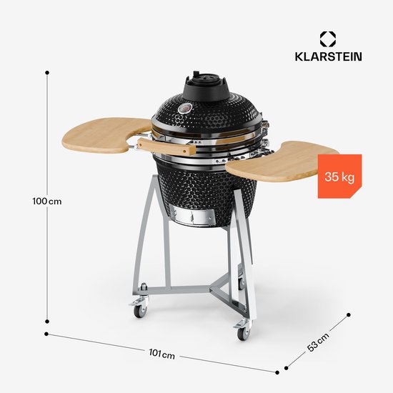 Klarstein Queensize kamado grill - om te grillen, slow cooking, roken of bakken, afneembare zijpanelen, materialen: keramiek, roestvrij staal, bamboe, thermometer van 0-450 °C, 3 wielen, zwart van Klarstein — afbeelding 4