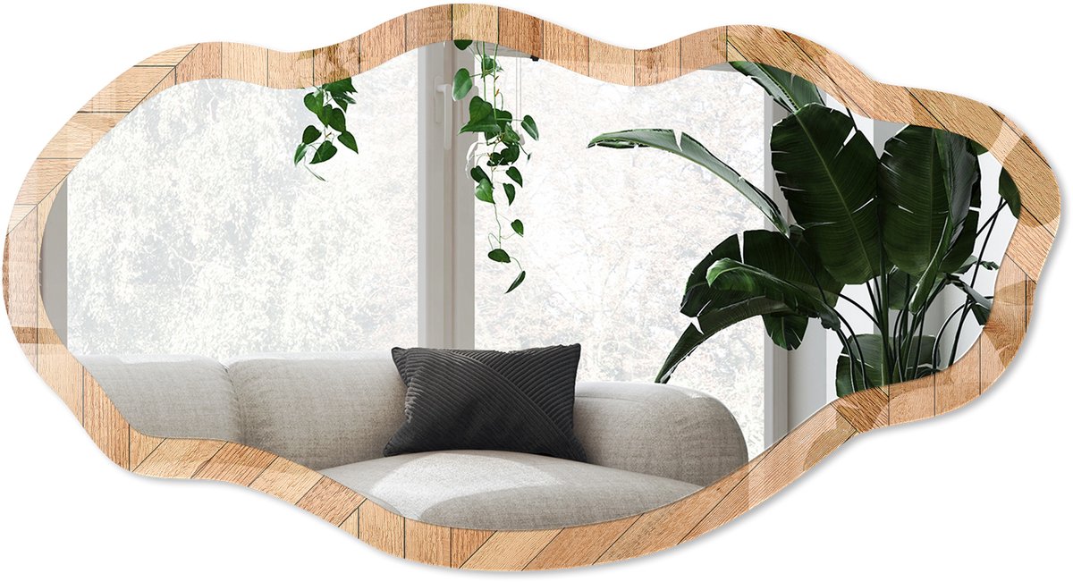 Wallfluent Houtstructuur Spiegel - Bruin Rechthoekige Spiegel Met Modern Design - Organische Spiegel - Woonkamer, Kantoor, Slaapkamer - Geometrisch - 45x90 cm - Totale afmeting 52x97 cm