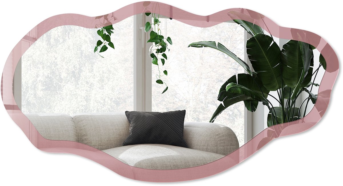 Wallfluent Oudroze Spiegel - Roze Rechthoekige Spiegel Voor Interieur - Organische Spiegel - Woonkamer - Minimalistisch - 45x90 cm - Totale afmeting 52x97 cm