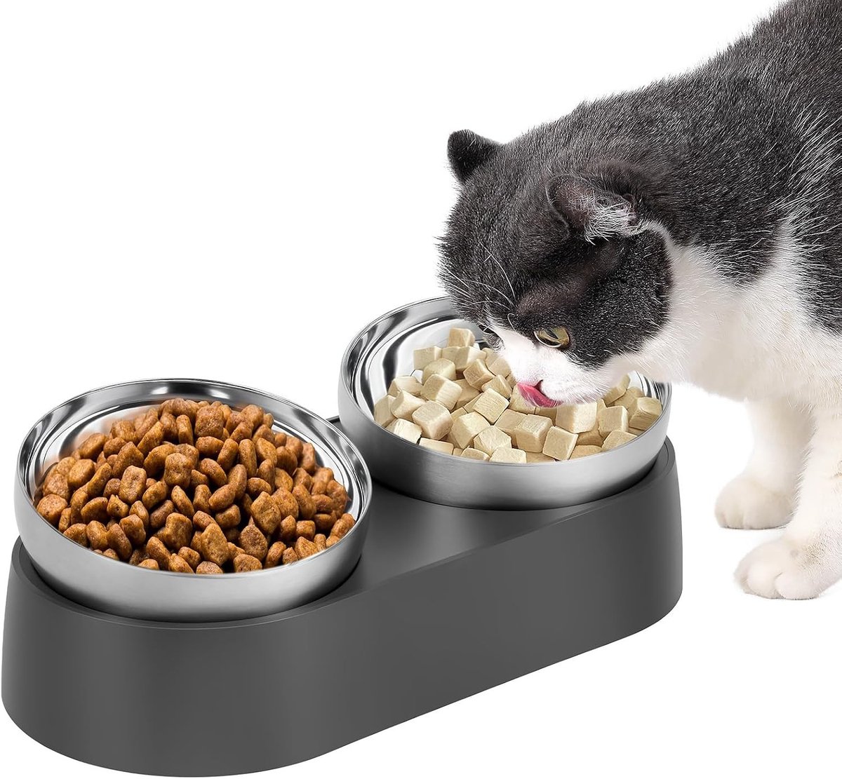 Verhoogde voerbak voor grote hond - Zwart - Roestvrijstalen dubbele kantelbare kattenbak - Met antislip basis - Voor katten en kleine honden