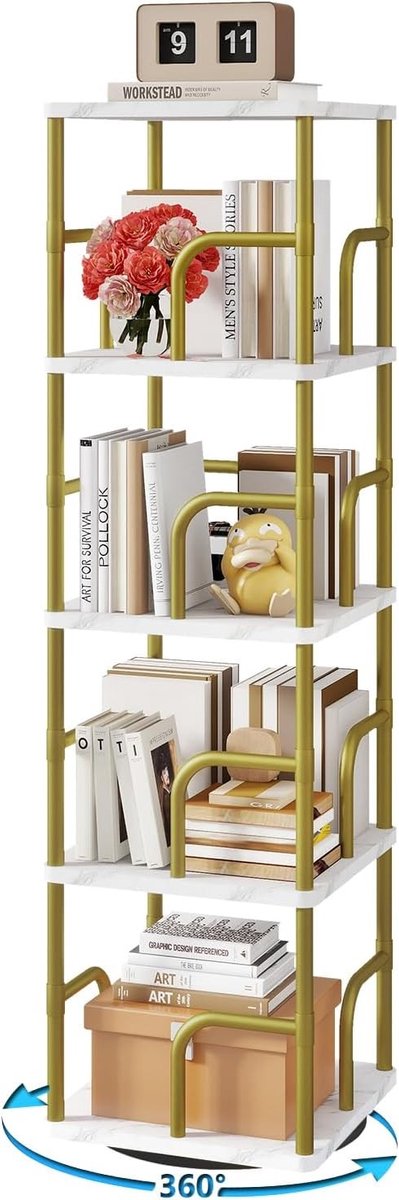 Verticale onzichtbare boekenkast - Wit - 5 niveaus - Draaibaar staand rek van spaanplaat en metaal - Voor kinderen