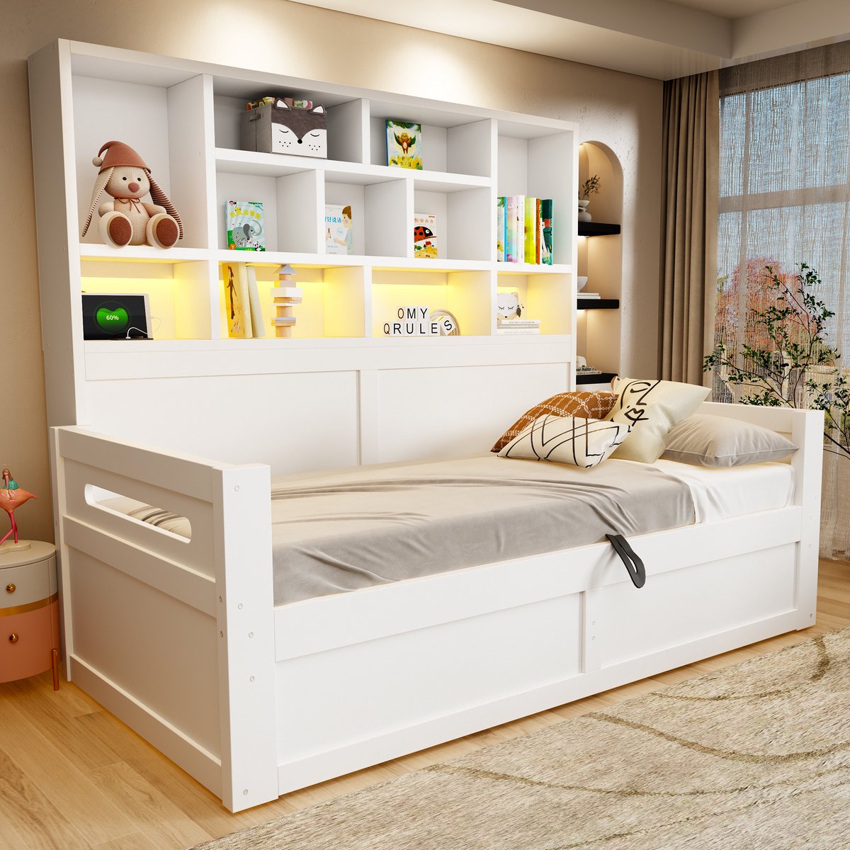 MIVRAY Slaapbank 90 X 200 Cm - Eenpersoonsbed Met Opbergruimte En Led Verlichting - Met Stopcontacten - Voor Jeugdkamer - Mdf - Wit
