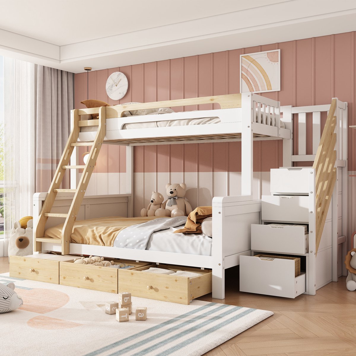 MIVRAY Stapelbed 90x200 En 140x200 Cm Zonder Matras Hout Wit En Naturel Met Opbergtrede Ladder En 3 Laden Voor Kinderen