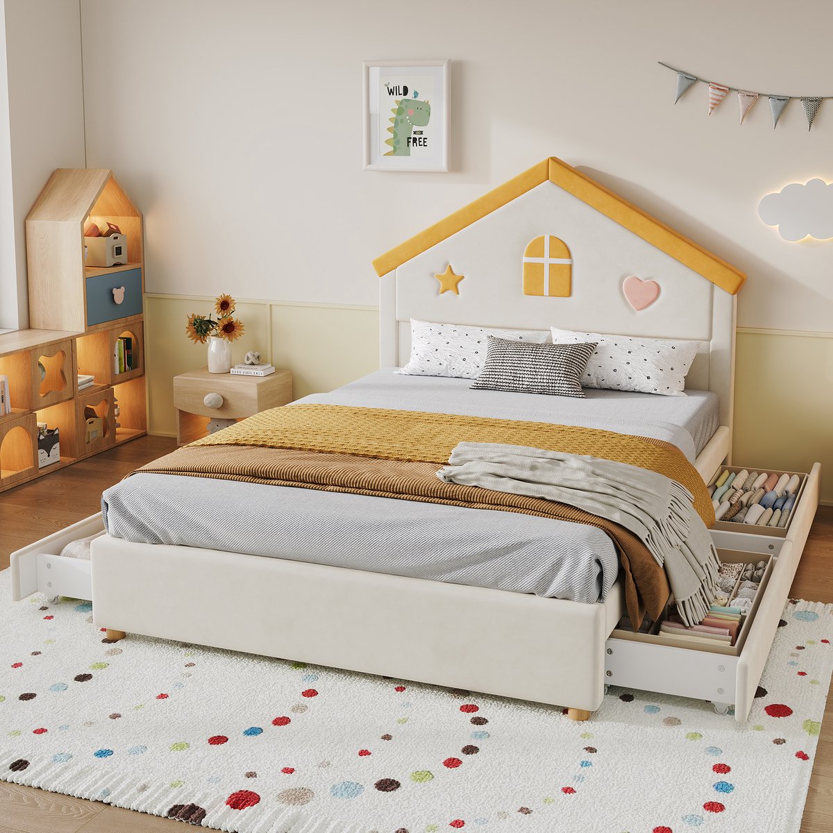 OKWISH Kinderbed 140 X 200 Cm Huisbed Met 4 Lades En Opbergruimte Voor Kinderkamer En Jeugdkamer Van Zacht Fluweel In Beige Zonder Matras