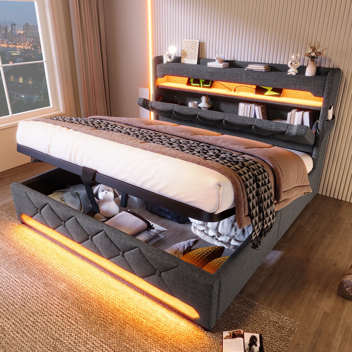 REDOM - Bed frame - Opbergruimte en LED - Hoofdbord met USB en Type-C - Hydraulische opbergruimte - Normaal bed - Stof en metaal - Grijs - 215 x 146 x 111 cm