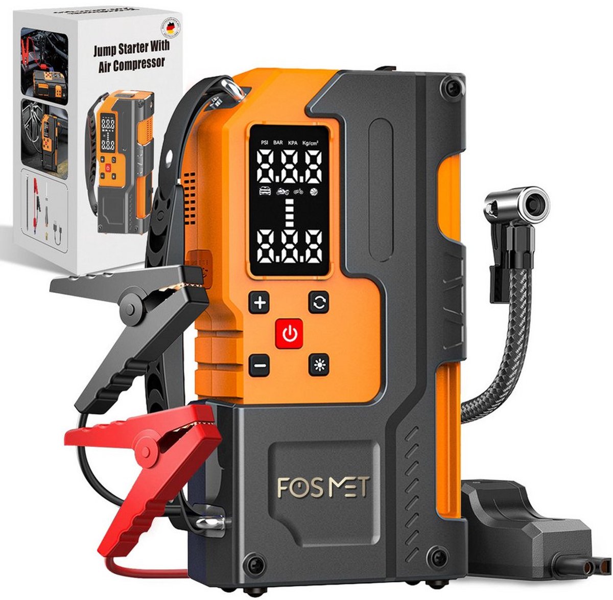 FOSMET Jumpstarter 12V Voor Auto - Jumpstarter voor Auto met Compressor - Starthulp met Forcestart,Powerbank & LED-scherm - Alle Voertuigen - Uitgerust met een powerbank en lcd-scherm - Noodpakket - Incl. Zaklamp & Opbergkoffer