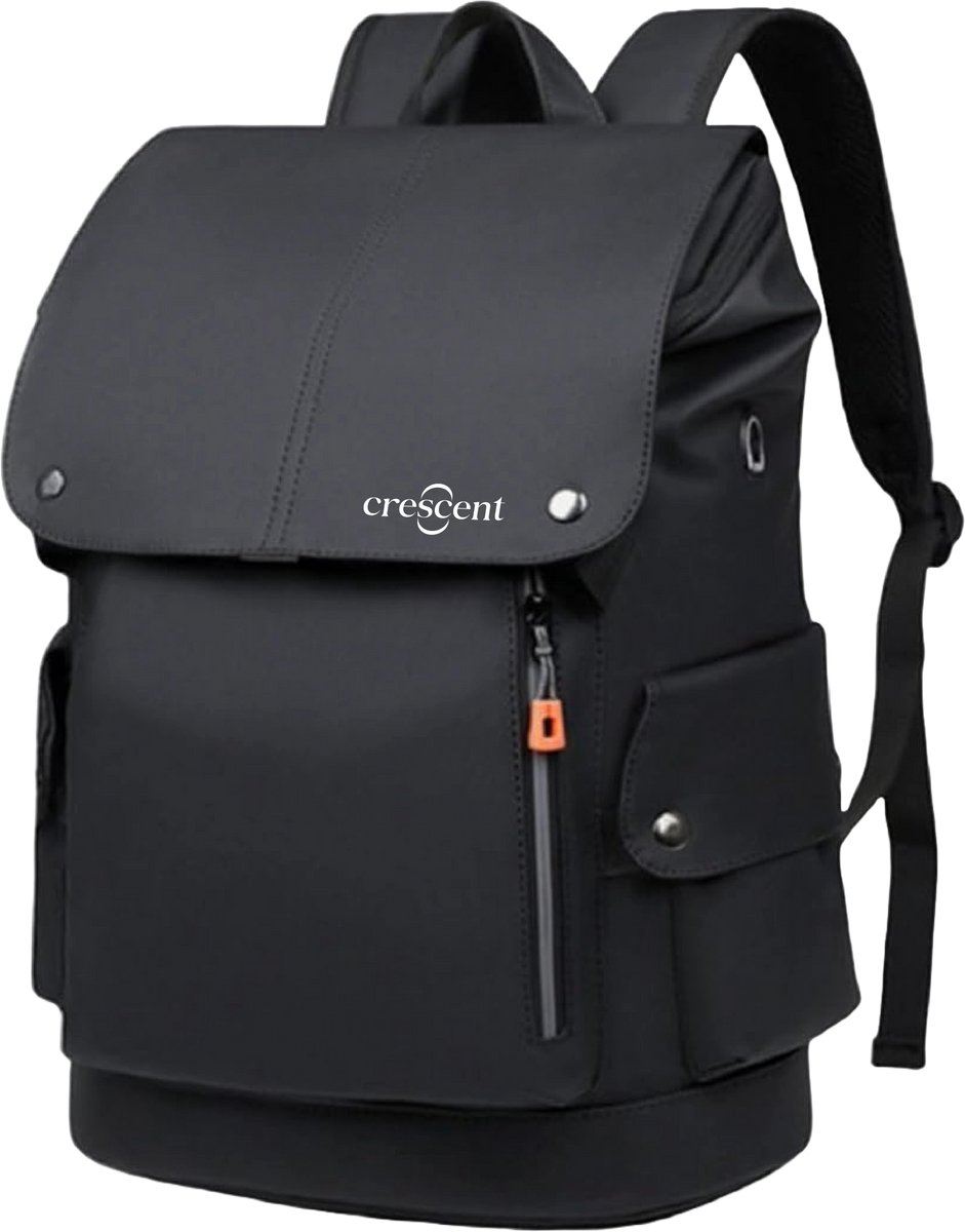 Crescent-Oise Stijlvolle Rugzak met Flap Zwart Unisex - Draagbare Laptop Rugzak, Externe Zak, Waterbestendig, Veelzijdig voor Reizen, Werk, School en Casual Dagelijks Gebruik