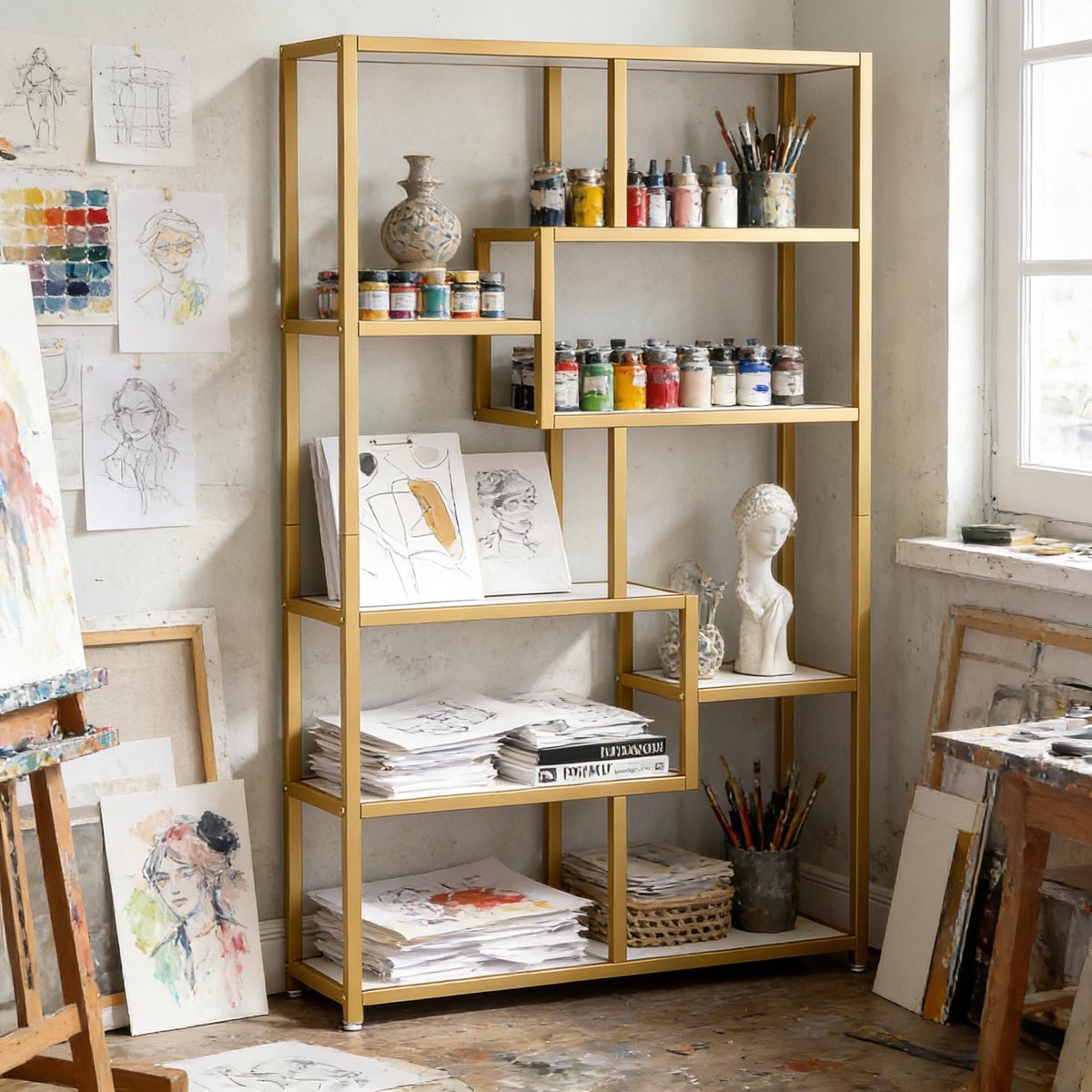 Wishdor Boekenkast - Open kast - Geometrisch design - Modern - Woonkamer - Metaal en kunstmarmer - Goud en wit - 8 planken - 100 x 30 x 180 cm