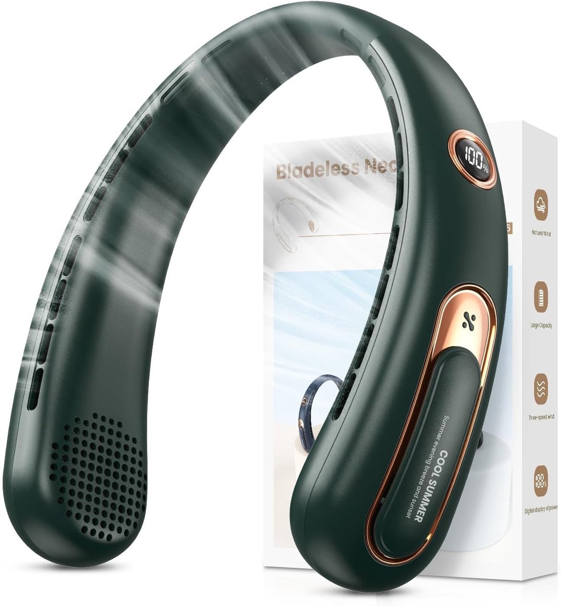 Mini airco - Groen - Oplaadbare Nekventilator met 360° Luchtstroom - Stil en Bladloos - Voor Sport en Reizen