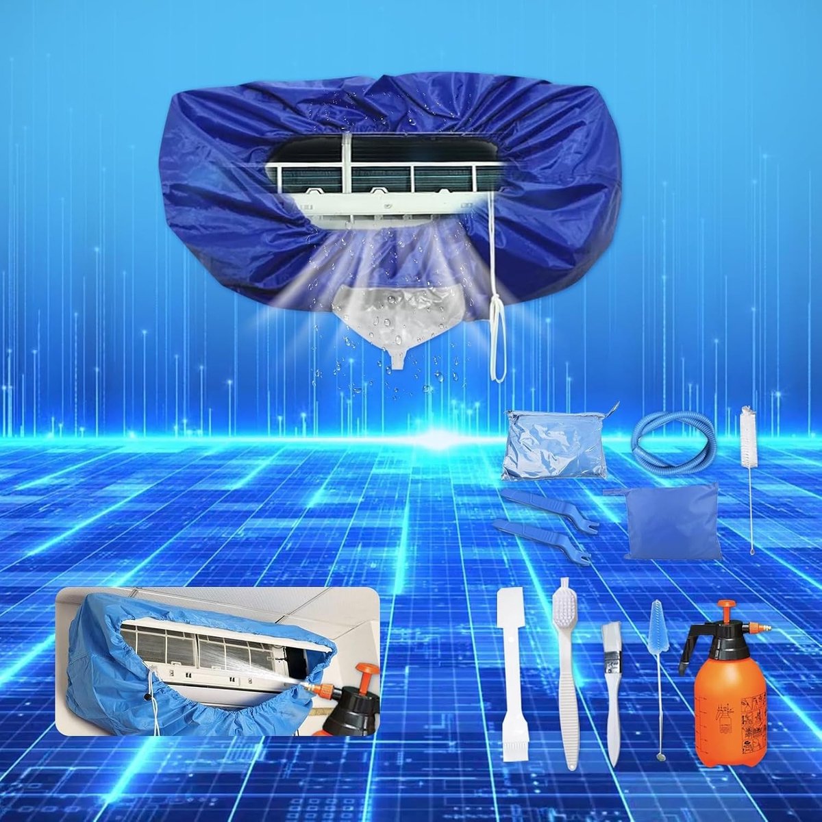 Mini airco - Reinigingsset - Glas Blauw - 12-delige Mini Split Reinigingskit - Voor Muur Aircos