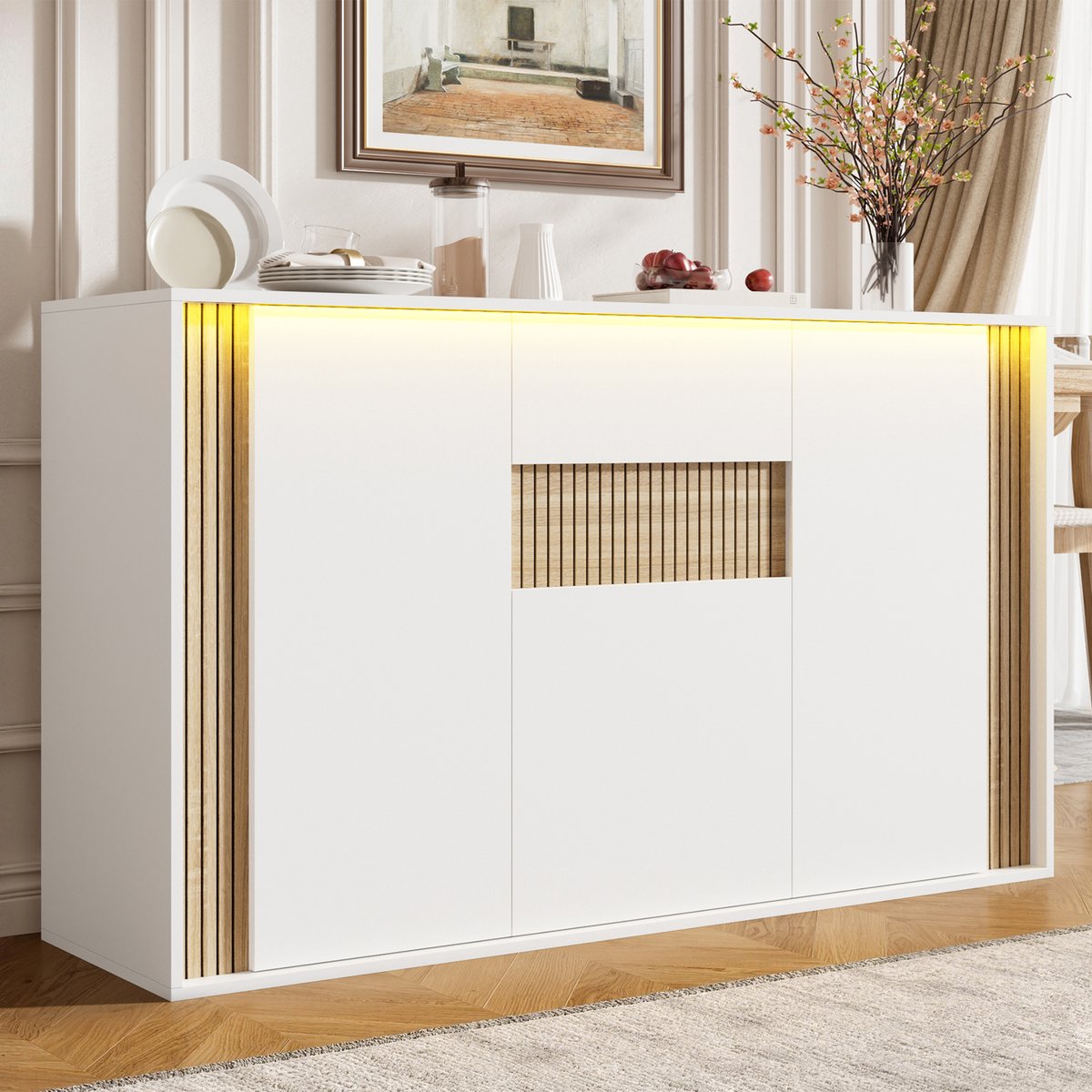Dressoir Met 3 Deuren En 1 Lade, Verstelbare Ledverlichting, Wit Met Natuurlijke Houtnerf, 140x40x82 Cm