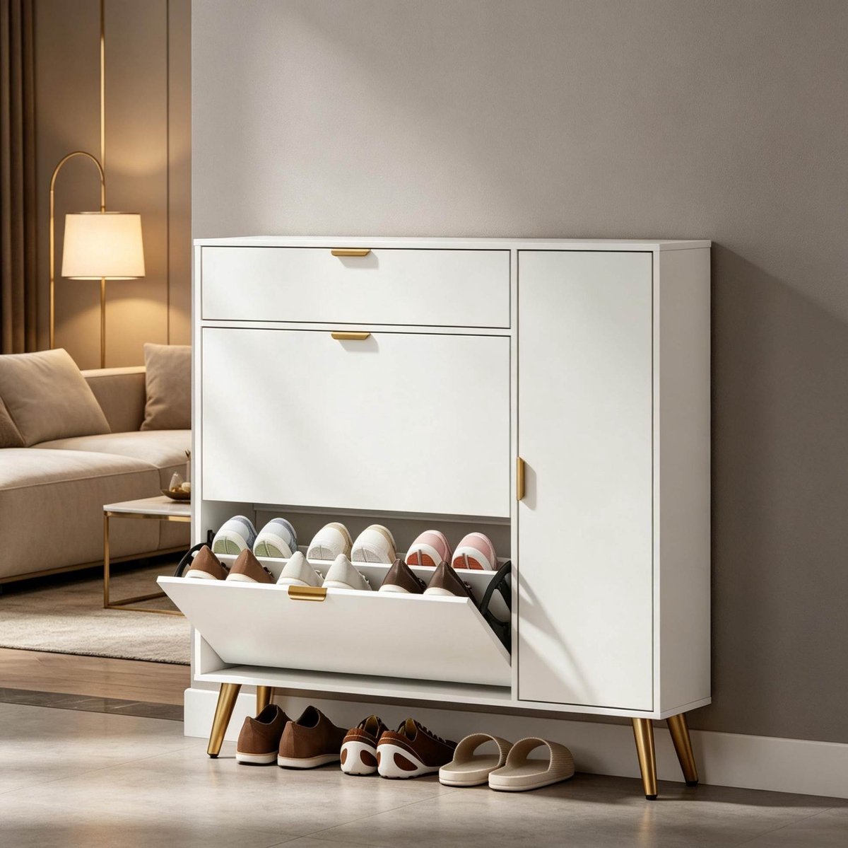 OKWISH Schoenenkast - Smal Model Met 2 Uitklapbare Vakken En 4 Vakken - Voor Hal En Gang - Wit MDF En Spaanplaat - 99,4 X 23,8 X 106,6 Cm