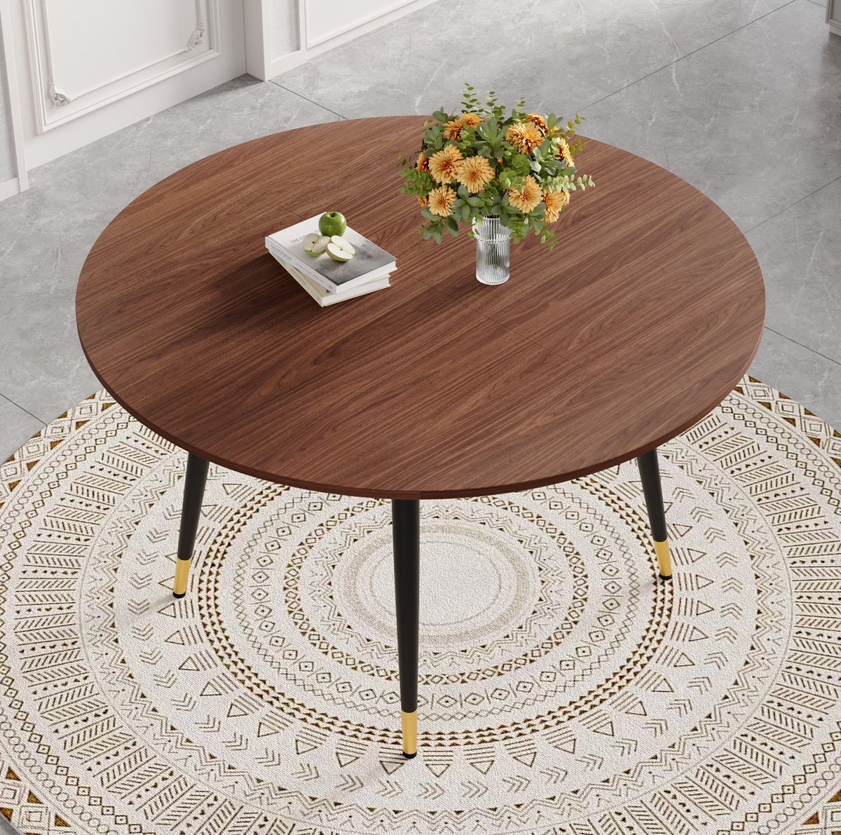 OKWISH Eettafel - Uitschuifbaar Van Rond Naar Ovaal - Modern Design Met Gouden Details - MDF En Metaal - Walnut 135 Cm