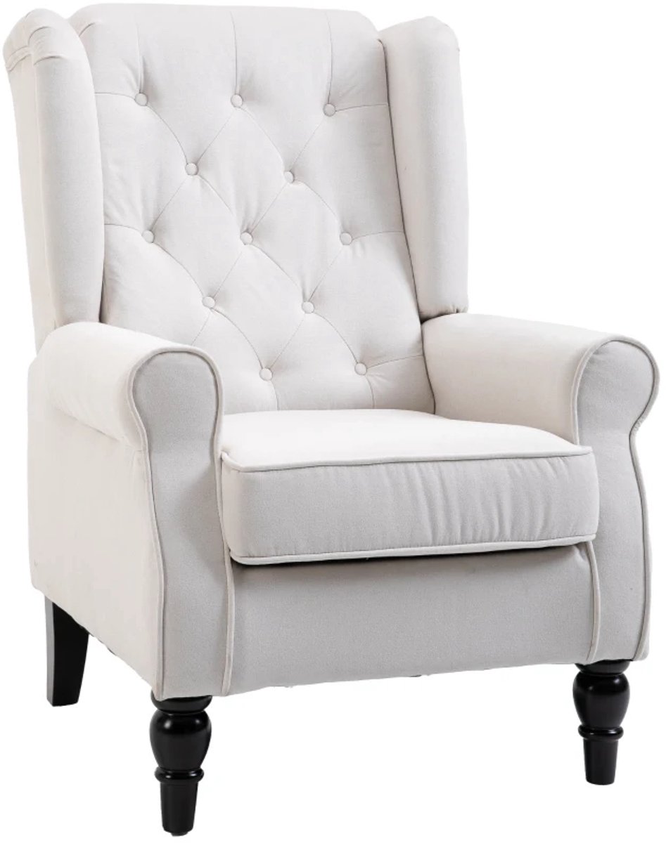 Fauteuil - Vleugelstoel - Relaxstoel - Vintage Design - Knoopstiksel - Gedraaide Poten - 74 cm x 86 cm x 102 cm - Crèmewit