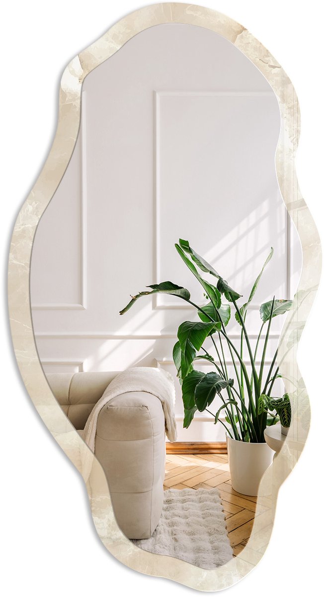 Coloray Beige Marmer Spiegel - Beige Strakke Rechthoekige Spiegel - Organische Spiegel - Woonkamer - Klassiek - 45x90 cm - Totale afmeting 52x97 cm