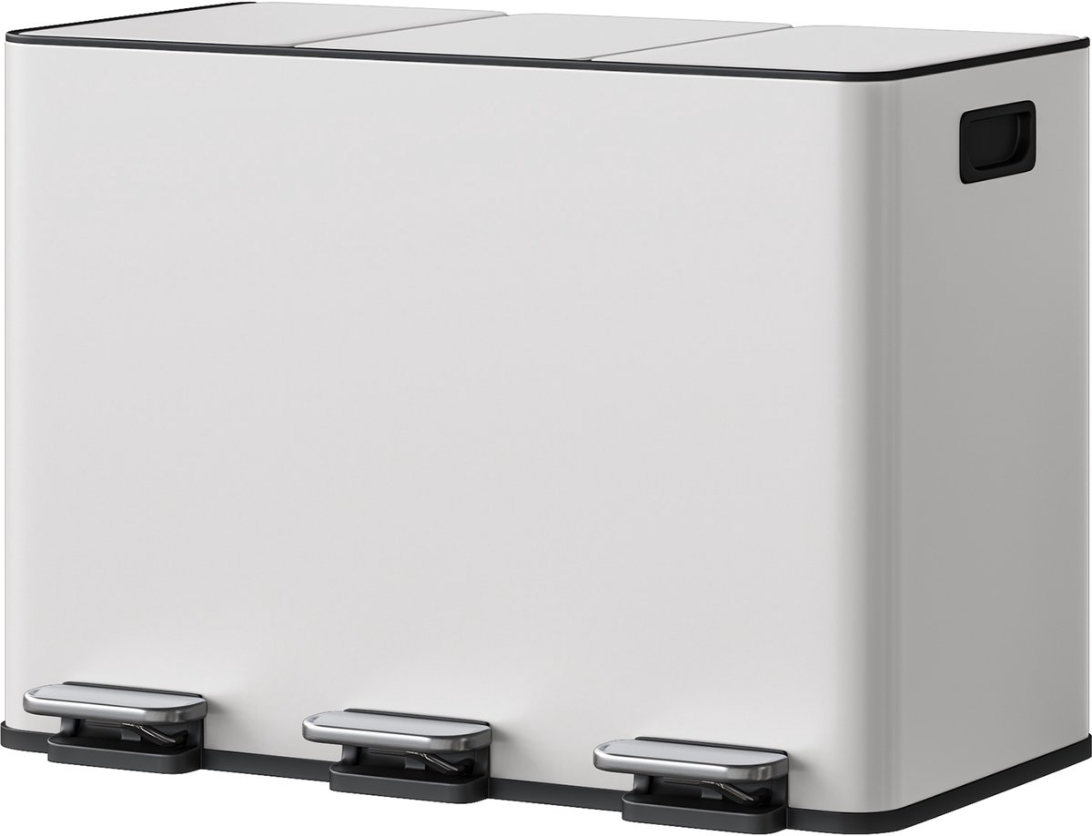 Prullenbak RVS 45L (3x15L) - 61.9x43x50.5cm - Afvalbak 3 Compartimenten - Recyclingbak - Vingerafdrukbestendig - Geurbestendig - Voor Keuken Woonkamer - Wit