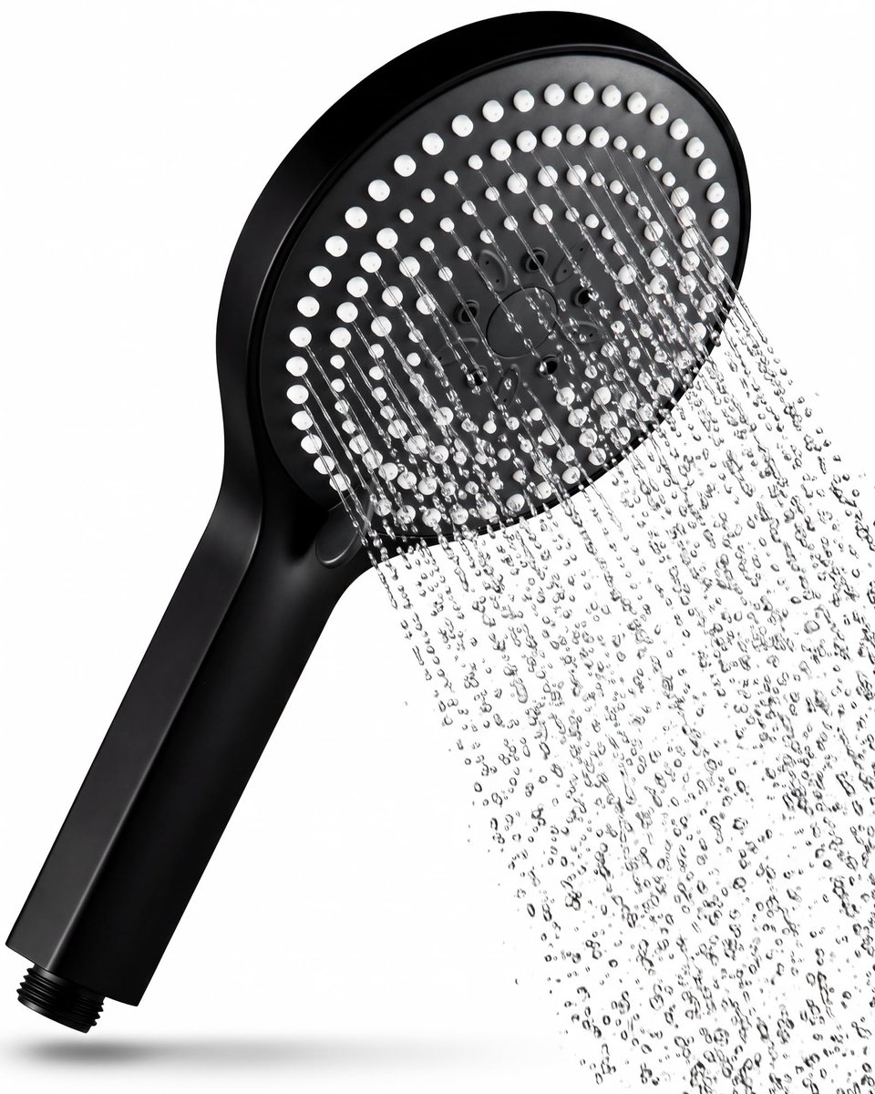 Famanu – Handdouche met 6 massagestanden, waterbesparende douchekop in groot formaat (Φ130mm), zwart