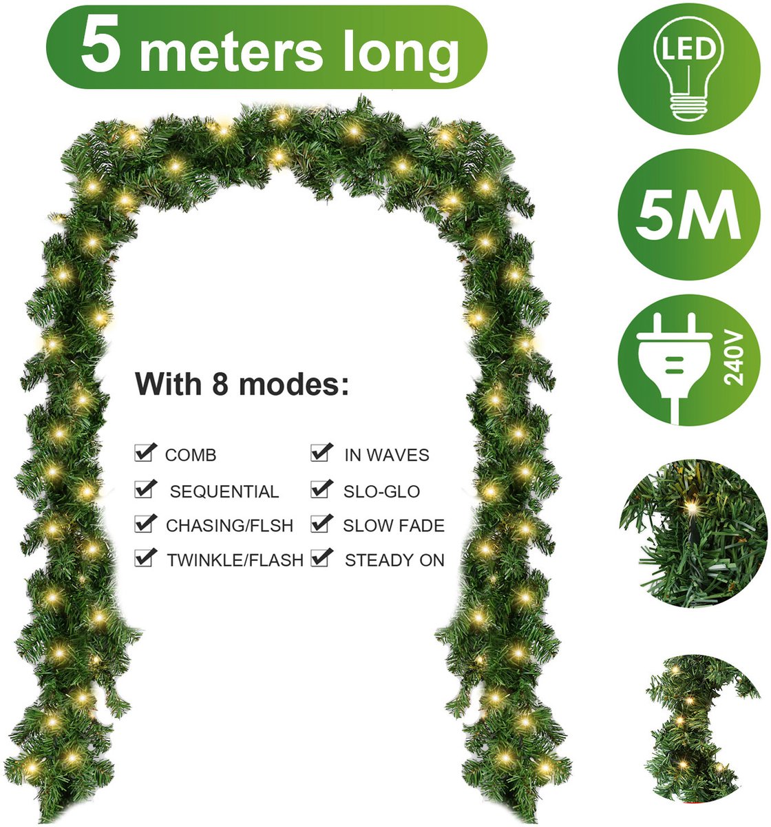 Kerstguirlande met verlichting 5 m - 100 led - groen - warmwit – foto 2