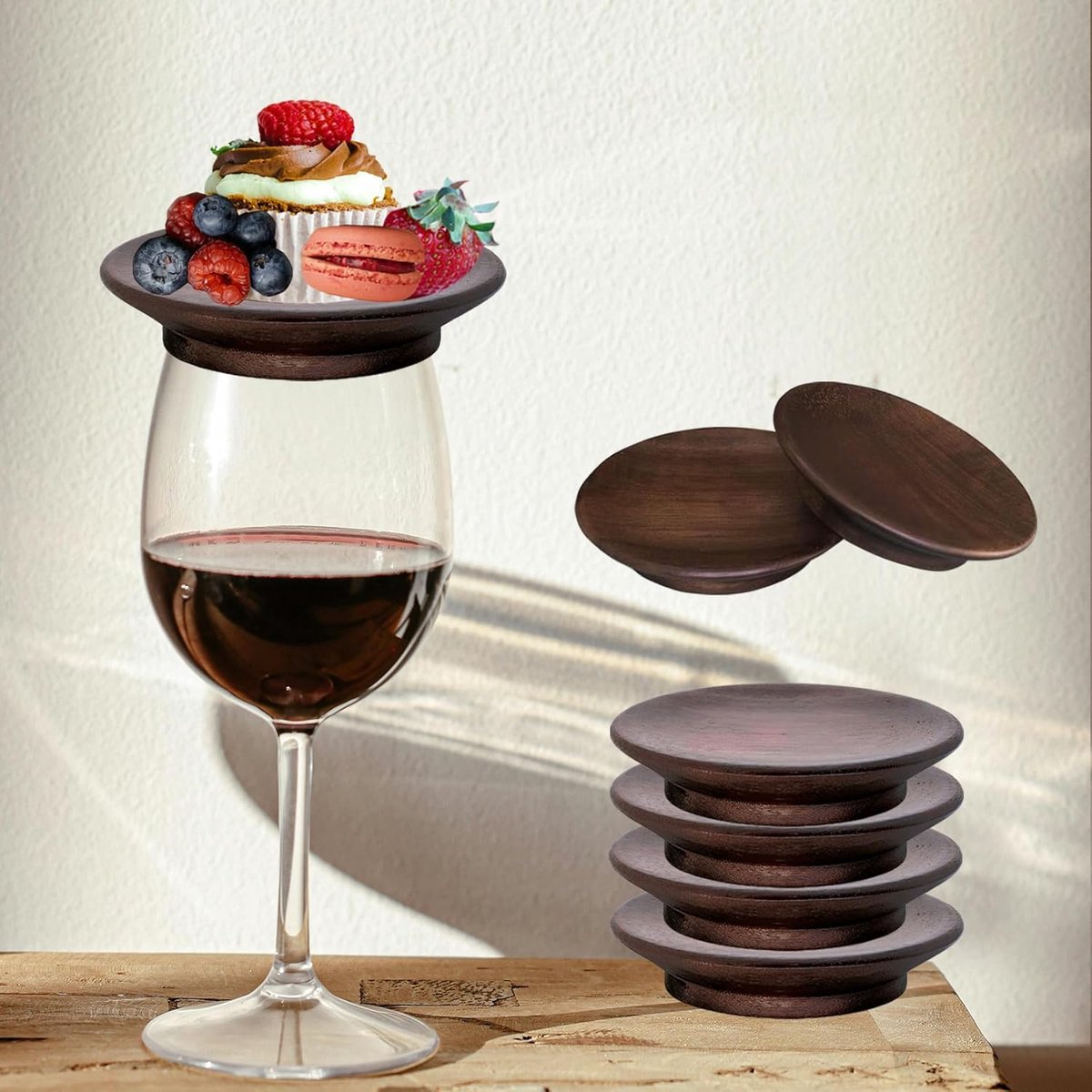 Houten Wijnglas Topper - Charcuterie Dienblad - Insecten Buiten Houden - Met Wijnglas Houder - 8 Stuks - Beige — cadeau in Kookcadeaus - foto 4