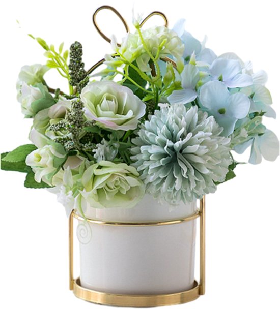 Kunstbloemen met Vaas - Blauw - Zijden Bloemstukken in Keramische Pot