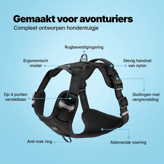 Harnais pour chien noir avec étiquettes: 'Modèle ergonomique', 'Anneau d'attache dorsale', 'Poignée solide en nylon', 'Fermetures à verrouillage', 'Doublure respirante', 'Anneau anti-traction', 'Réglable en 4 points'.