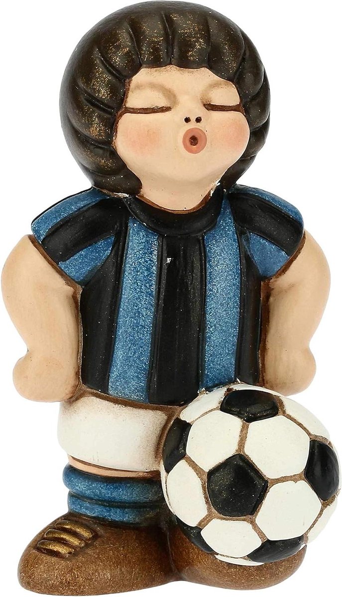 Voetballer Beeldje - Sport Decoratie - Cadeau Geven - Keramiek Materiaal - 7 cm Hoog - Zwart Baby Blauw