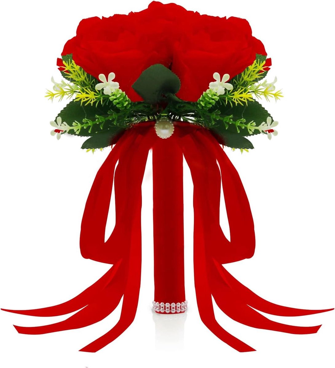 Bruidsboeket Rozen - Kunstbloemen Boeket - Bruiloft Decoratie - Handgemaakt Ontwerp - 26 cm Lengte - Rood