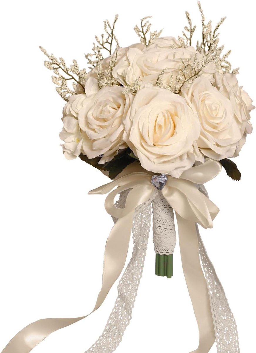 Bruidsboeket - Kunstbloemen boeket - Bruiloft decoratie - Premium stof materiaal - 26 cm lang - Champagne Wit