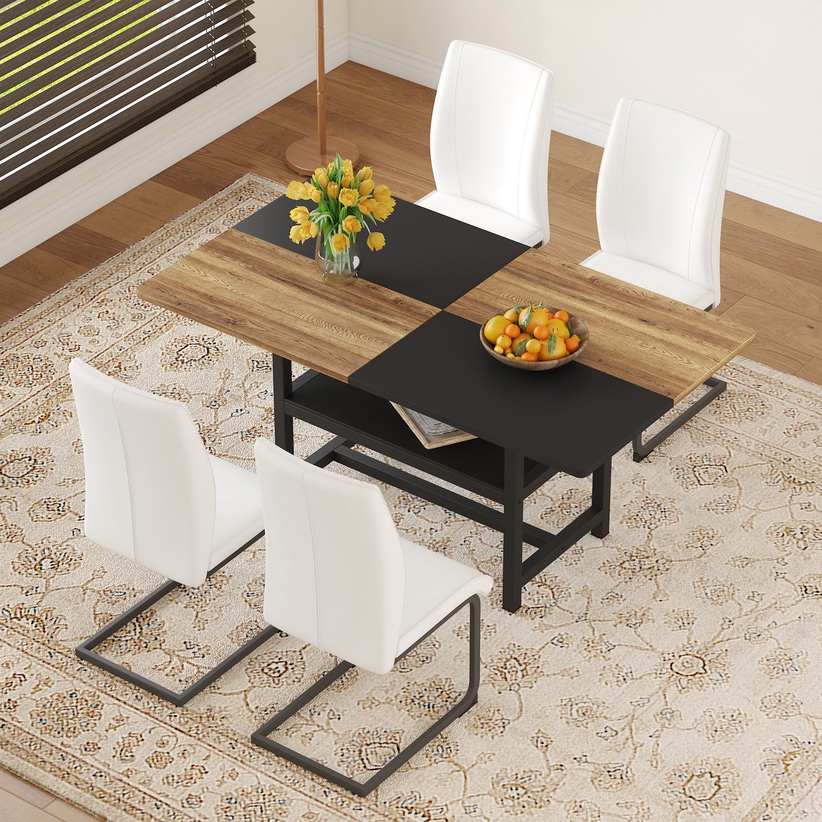 HAUSS SPOLE Eettafelset - Rechthoekige Eettafel Met Opbergrek En 4 Stoelen - Voor Eetkamer