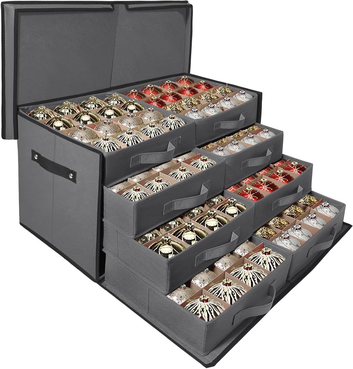 Kerstversiering Opslag - Ornamenten Doos - Veilig Opbergen - Lade Stijl Trays - 128 Ornamenten - Grijs