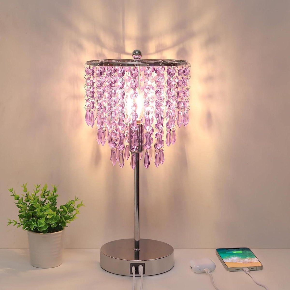 Kristallen Bedlamp - Nachtlamp Decoratief - Sfeerverlichting Creëren - Dubbele USB Poorten - 6 Watt - Zilver