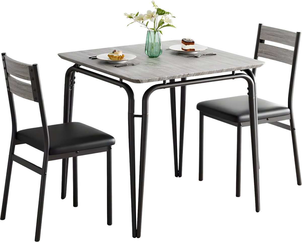Happiq Eettafelset - Voor Keuken & Kleine Ruimtes - 2-Persoons Vierkante Eetkamertafel met Stoelen - Rustiek Bruin - keukentafel - Grijs
