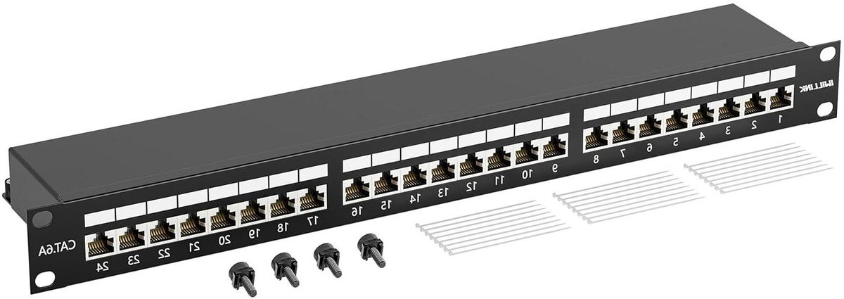 Patchpaneel 24 Poorten - Netwerk Verdeelveld - Betrouwbare Netwerkverbindingen - Afgeschermde RJ45 Bussen - 19 Inch Rackmontage - Zwart