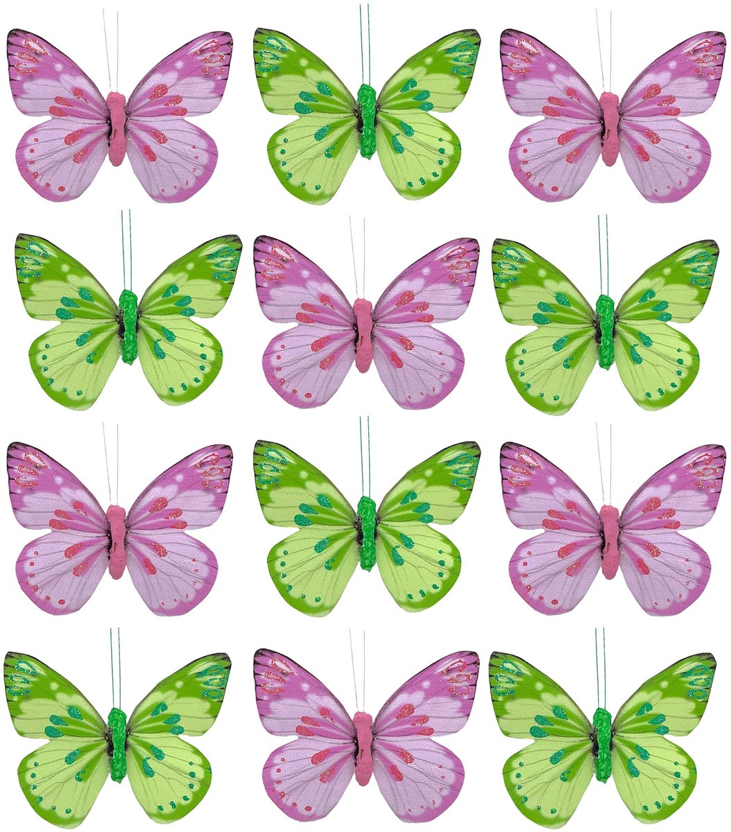 Decoratieve vlinders - Kleurrijke tafeldecoratie - Handgemaakt met veren en tule - Groen-r