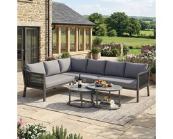 Tuin eettafel en stoelen set - voor 6 personen - hoekig - glazen tafelblad - handgeweven touw - twee koffietafels en een bank - grijs