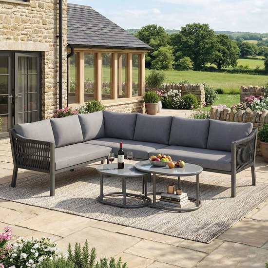 Tuin eettafel en stoelen set - voor 6 personen - hoekig - glazen tafelblad - handgeweven touw - twee koffietafels en een bank - grijs